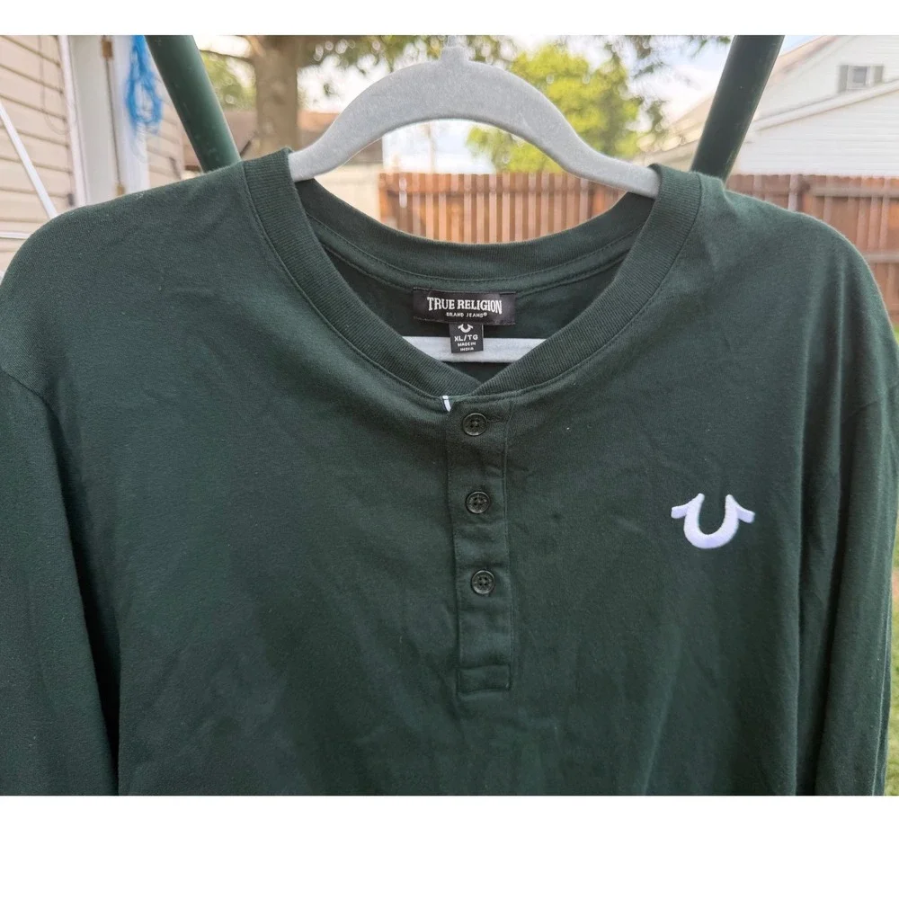 True Religion Mens Long Sleeve Henley Shirt Green Horseshoe Logo XL 50554-00